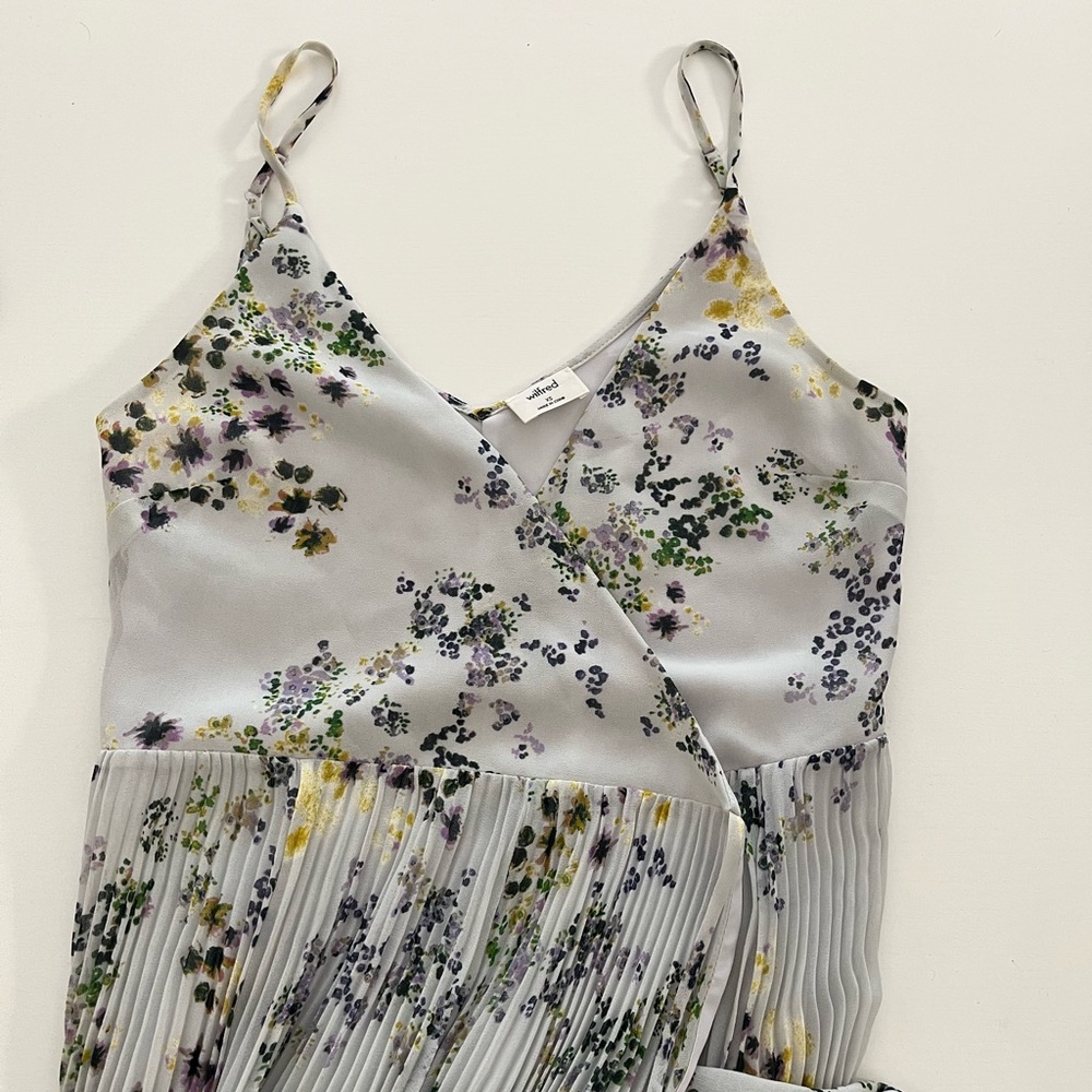 Aritzia Floral Midi Dress in Light Gray with Yellow, Green & Purple Accents